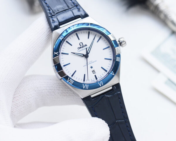 Omega Constellation, Co-Axial calibre 8900, 41 mm, steel on leather strap, black/white/blue bezel