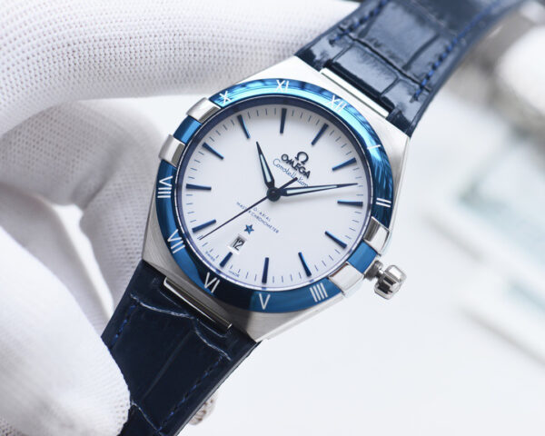 Omega Constellation, Co-Axial calibre 8900, 41 mm, steel on leather strap, black/white/blue bezel