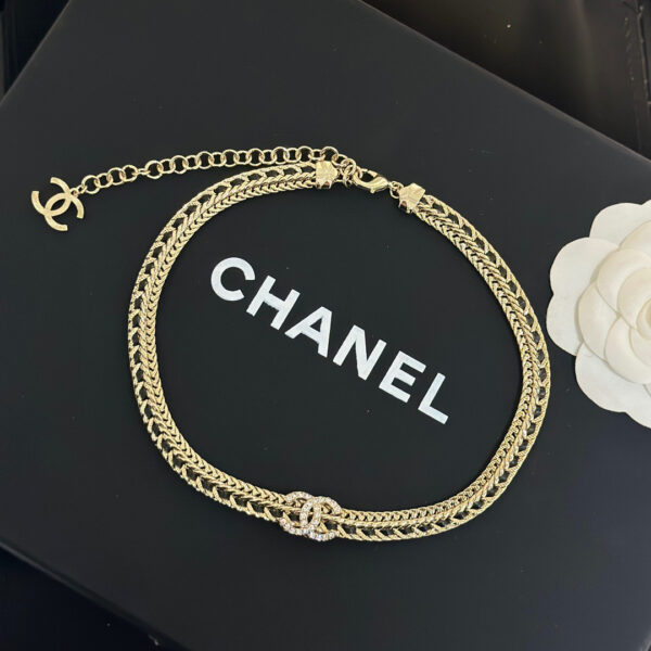 Chanel Double C Choker Black Leather Chain Necklace