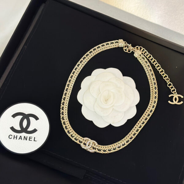 Chanel Double C Choker Black Leather Chain Necklace