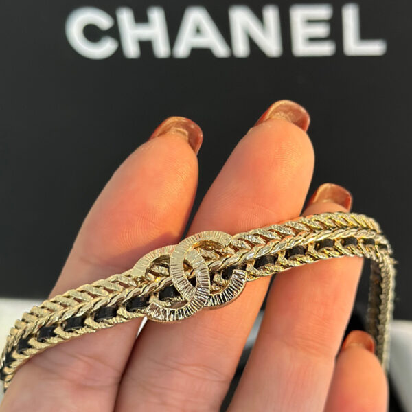 Chanel Double C Choker Black Leather Chain Necklace