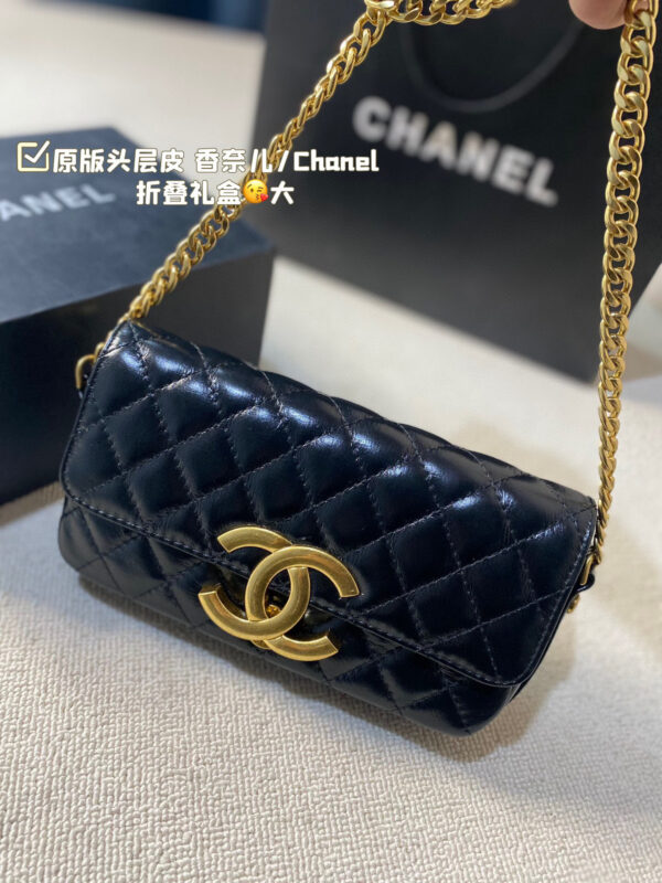 Chanel Flap (Black Leather) with Maxi Distressed Gold CC